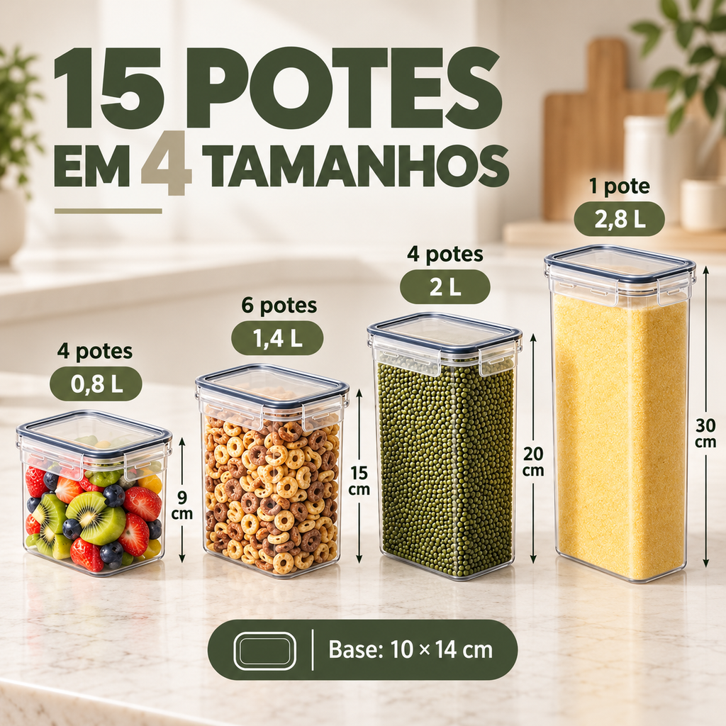 Kit 15 Potes Herméticos Empilháveis com Etiquetas e Acessórios