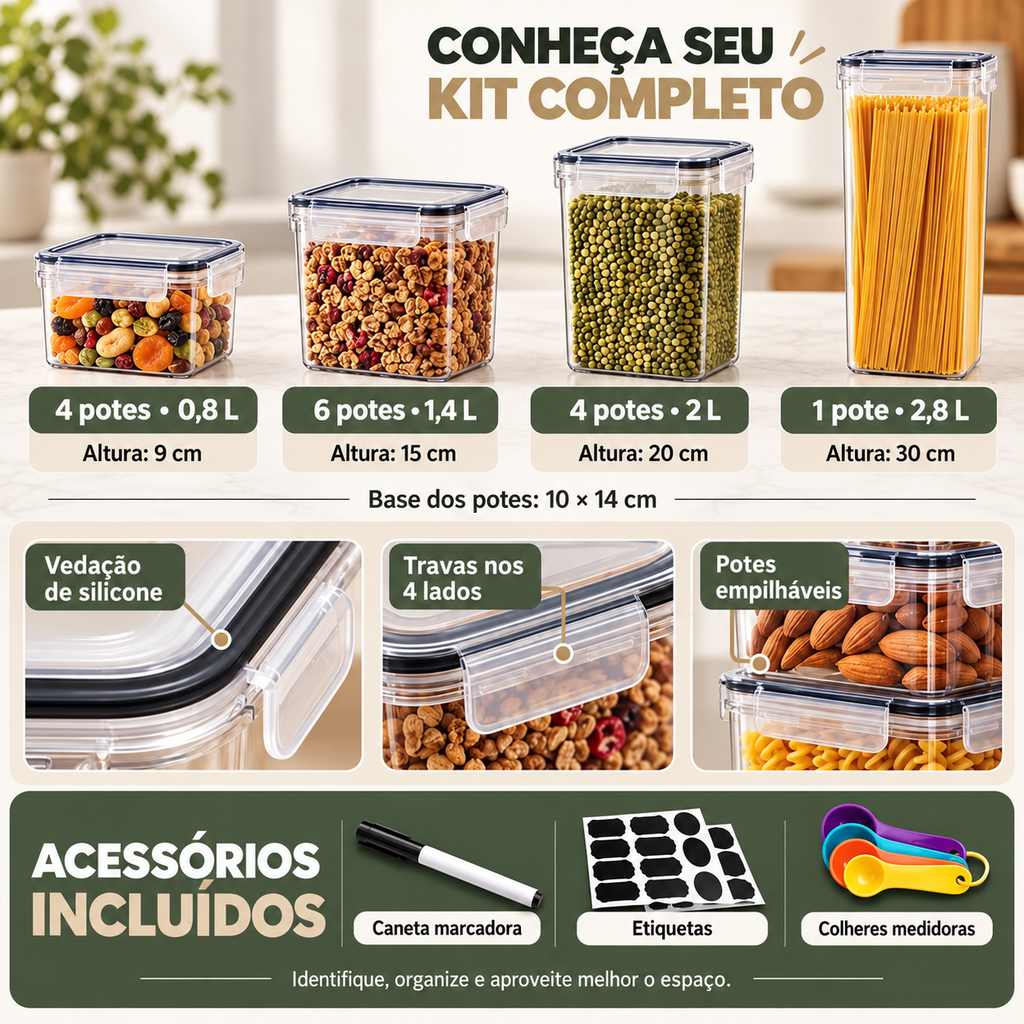 Kit 15 Potes Herméticos Empilháveis com Etiquetas e Acessórios