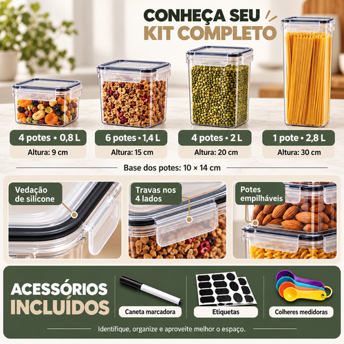 Kit 15 Potes Herméticos Empilháveis com Etiquetas e Acessórios