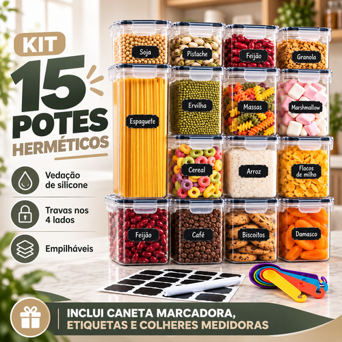 Kit 15 Potes Herméticos Empilháveis com Etiquetas e Acessórios