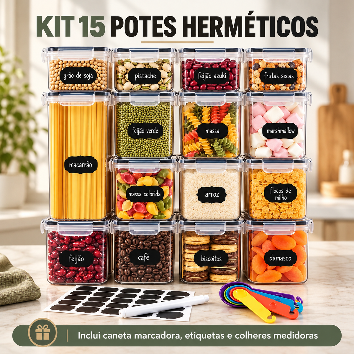 Kit 15 Potes Herméticos Empilháveis com Etiquetas e Acessórios