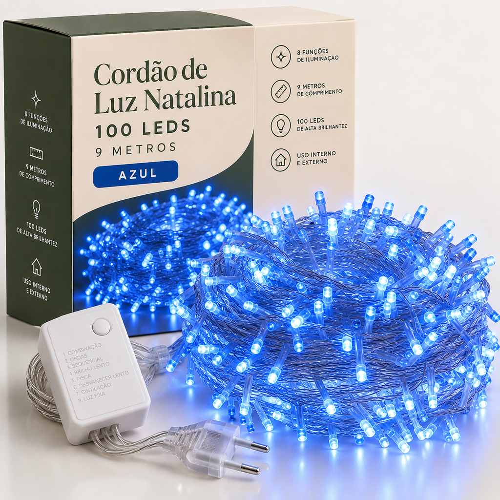 Cordão de Luz Natalina 100 LEDs 9 Metros + BRINDE