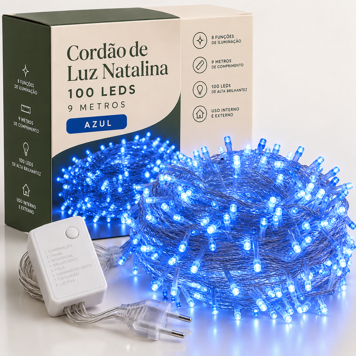 Cordão de Luz Natalina 100 LEDs 9 Metros + BRINDE