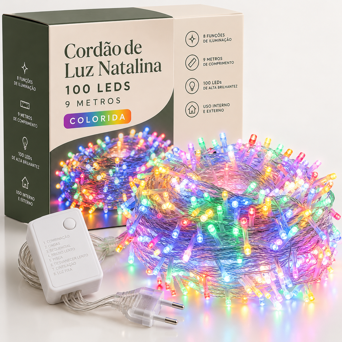Cordão de Luz Natalina 100 LEDs 9 Metros + BRINDE