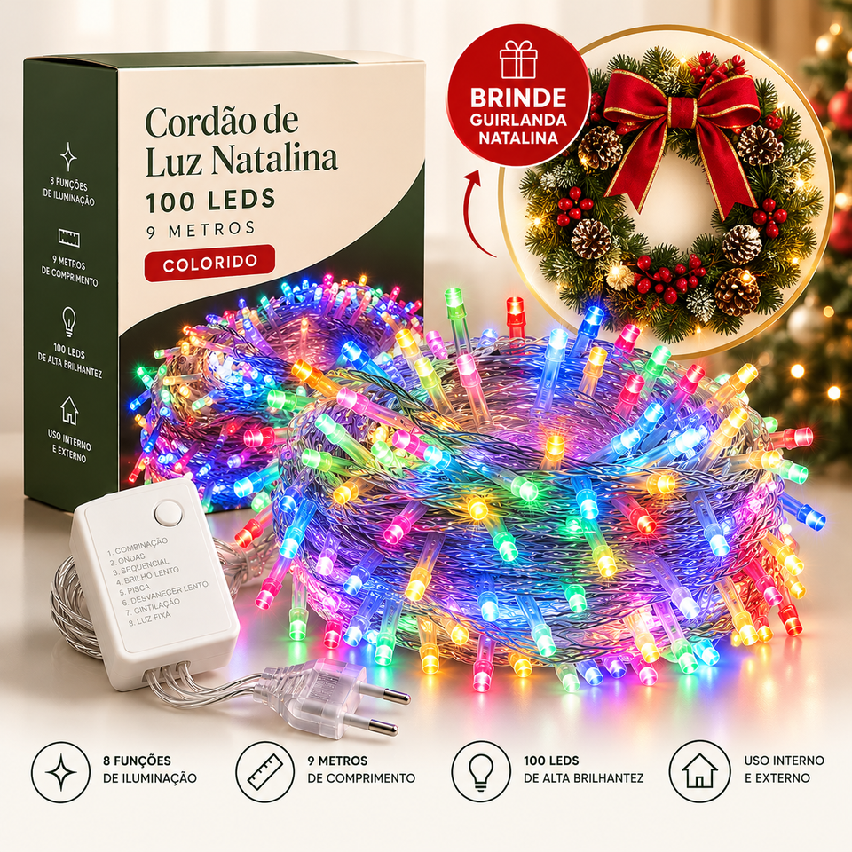 Cordão de Luz Natalina 100 LEDs 9 Metros + BRINDE
