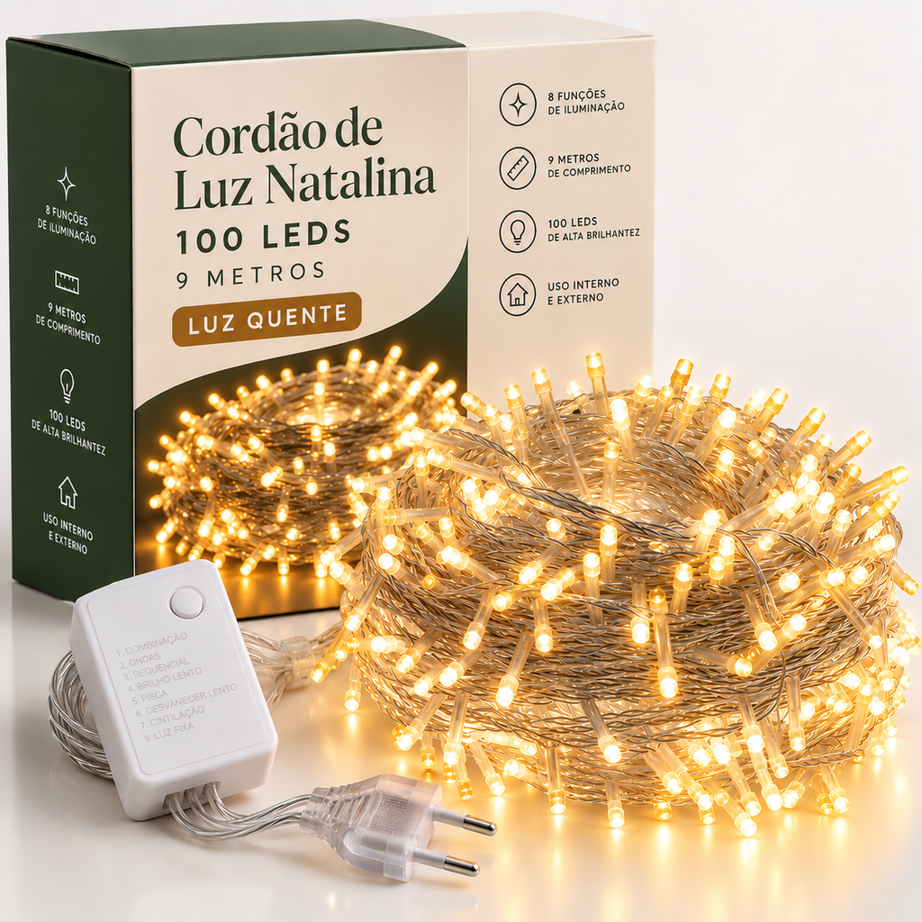 Cordão de Luz Natalina 100 LEDs 9 Metros + BRINDE