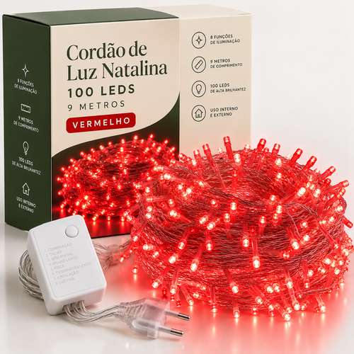 Cordão de Luz Natalina 100 LEDs 9 Metros + BRINDE