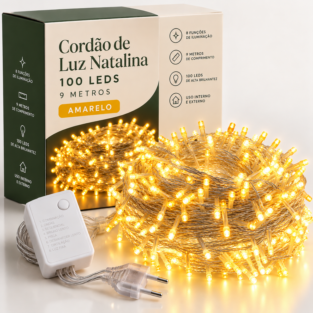 Cordão de Luz Natalina 100 LEDs 9 Metros + BRINDE